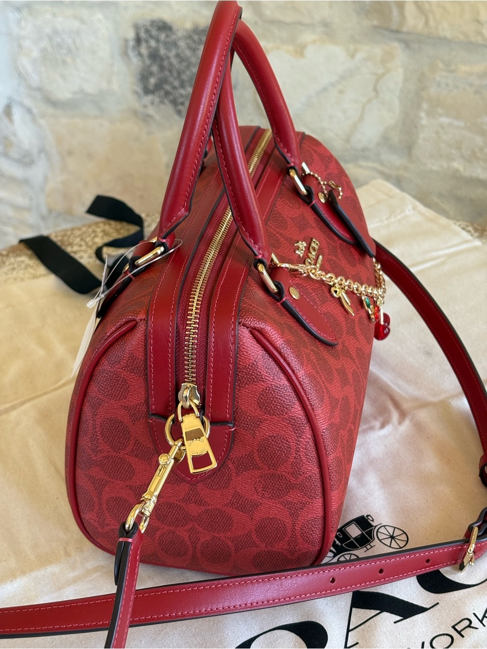 Coach Red Signature Satchel with Matching Wristlet and Charm - Picture 14 of 14